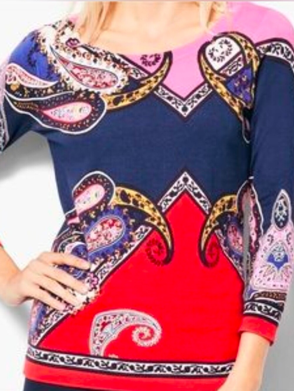 TALBOTS size 1X Paisley Sweater 3/4 Sleeves Pullover Colorful Stretch Knit